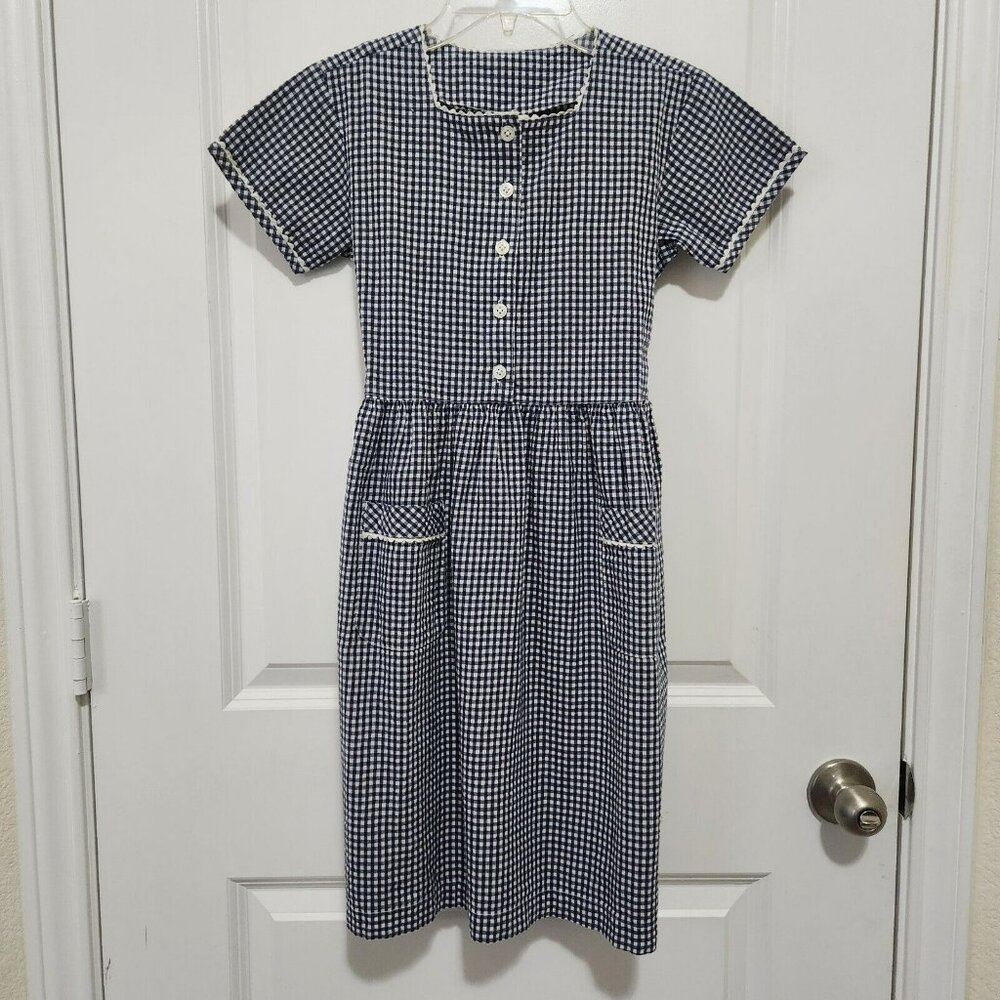 Vtg Y2K Hanna Andersson Girls 140 (10) Blue Gingham Seersucker Midi Dress